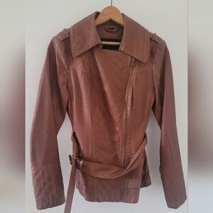 Guess Women’s Size S Brown Faux Leather Long Sleeve Full Zip Moto Jacket W/Belt